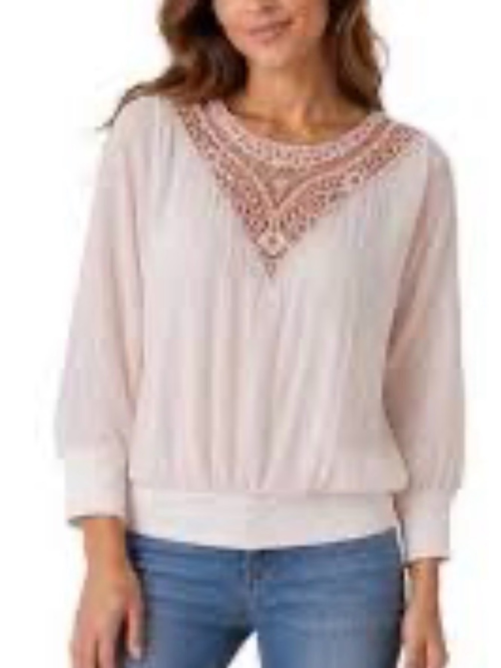 Carla Conti 100% Silk Women's Blush Crochet Yoke Long-Sleeve Top Made in Italy